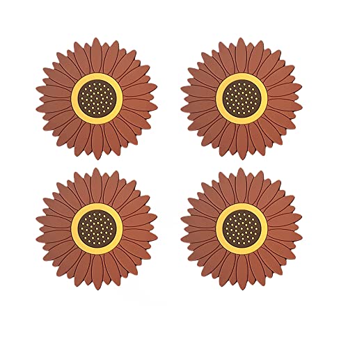 Image of Silicone Trivet Mat - Sunflower Hot Pot Holder Pads - Coasters for Kitchen - Placemat for Hot Dishes - Hot Pads for Table (Set of 4, Small, Brown)