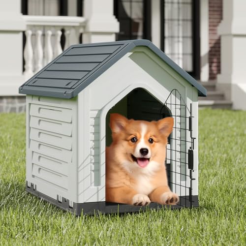 COSTWAY Hundehütte Outdoor, wetterfestes Hundehaus mit abschließbarer Metalltür, Belüftungsschlitzen, geneigtem Dach, Haustierhaus für kleine Hunde & Katzen, Hundekäfig für Indoor (Grau)
