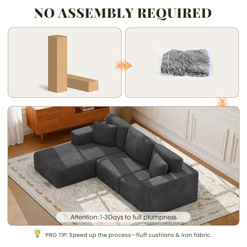 Image of GRUSIGN 107'' Cloud Sectional Boneless Couches for Living Room, Modular L Shaped Couch with Deep Seat Oversized Left Facing Chaise, Memory Foam Compressed Spineless 3 Seater Sofa, Wide-Striped Grey
