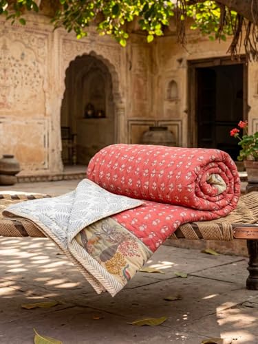 Image of Mayur Hand Block Print Cotton Single Bed Quilt (90x60 Inches) | Jaipuri Razai for AC Room | 400 GSM Lightweight Comforter for Mild Winter | 100% Cotton Duvet | Soft Reversible Dohar Blanket