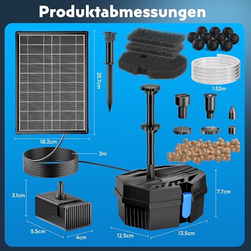 Biling 8W Solar Teichfilter mit Pump, 405 l/h Teichfilter Solarpumpe mit Akku 1,5 m Schlauch, 10 Düsen DIY Garten Teiche Wasserspiel, Solar Springbrunnen für Außen Sauberes Wasser hält Fische gesund