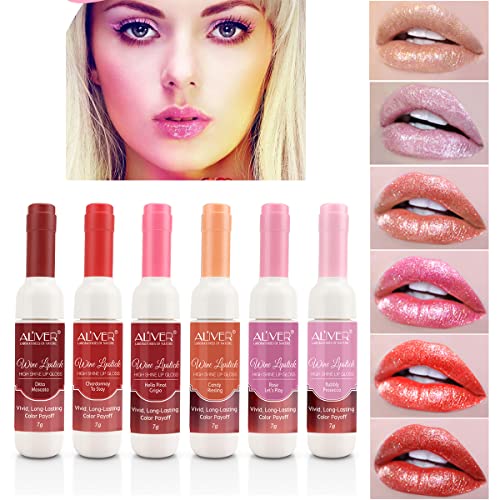 6 Colors Wine Lip Tint Set, Glitter Lipstick Matte Lip Stain Long Lasting Waterproof Liquor Bottle Lip Gloss Kit, Silky Glossy Lightness Non-Stick Lipgloss for Women (wine high shine lip stain set)