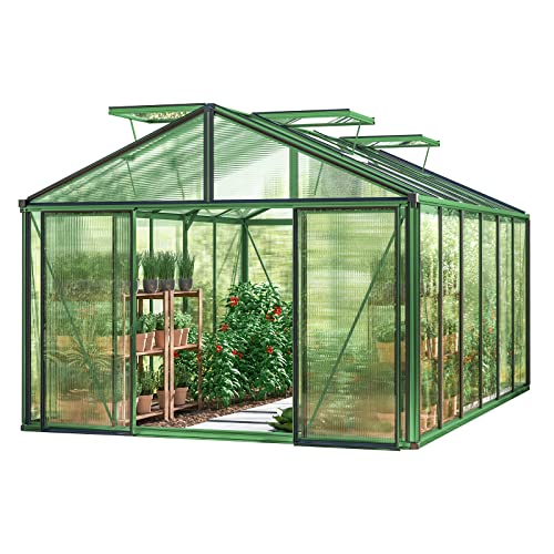 GFP Gewächshaus Asteria 24 Premium 311x460 cm mit integriertem Fundament 16 mm Doppelstegplatten, Farbe Moosgrün