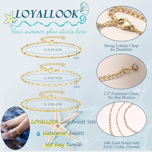Image of LOYALLOOK Ankle Bracelets for Women Waterproof, 14K Gold Plated Cuban Figaro Link Chain Anklets Non Tarnish, Dainty Layered Anklet Bracelets Adjustable Summer Beach Foot Jewelry