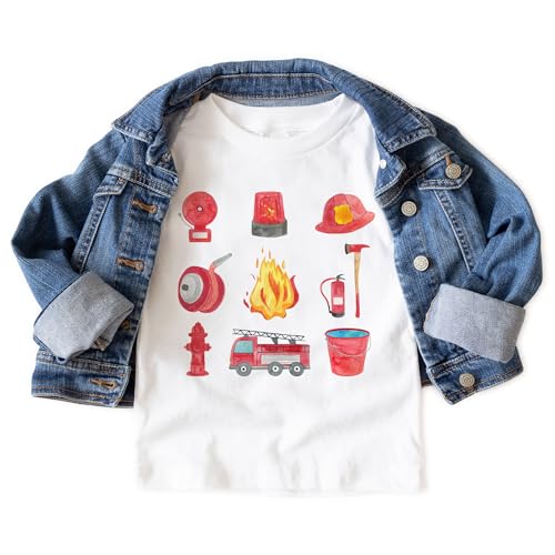 Firefighter Equipment Little Things In A Row Shirt For Kids - Cute Fireman Fire Department Truck T-Shirt - Natural Toddler & Youth Boys Graphic Tee3