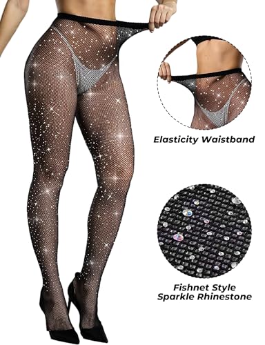 Buauty 2 Pack Sparkly Fishnet Stockings For Women,Rhinestone Fishnets Tights High Waist,Party Sexy Rhinestone Mesh Pantyhose3