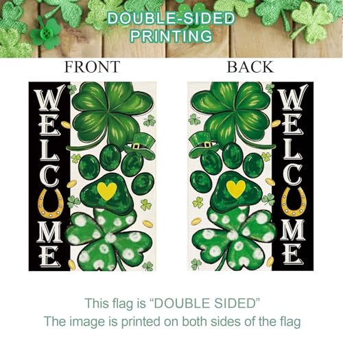 Drapeau de jardin double face résistant aux intempéries avec trèfle vert de bienvenue