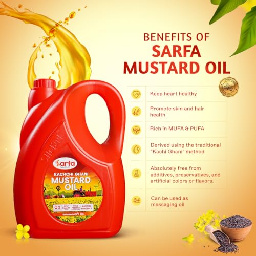 Image of Sarfa 5L Jar Kachi Ghani Cold Pressed Mustard Oil | Pure, Chemical-Free, and Rich in Heart-Healthy MUFA & PUFA | Zero Cholesterol, with a Rich Aroma and Flavor | Ideal for Cooking and Pickles