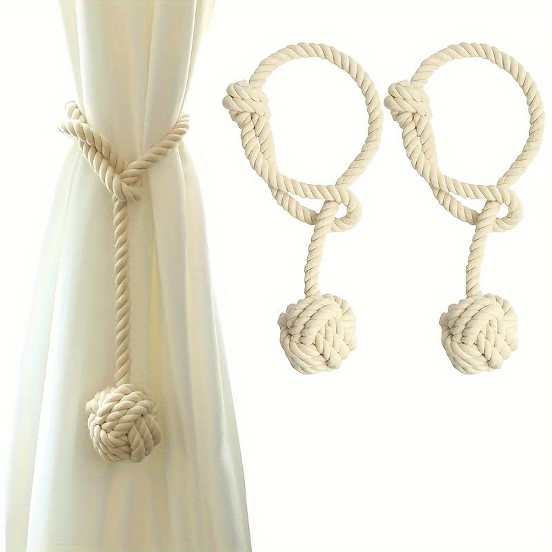 Vintage Style Cotton Curtain Tiebacks - 2pcs Cotton Rope Window Drapery Holdbacks with Knot Ball Design (Pack of 02) Off White-image-40
