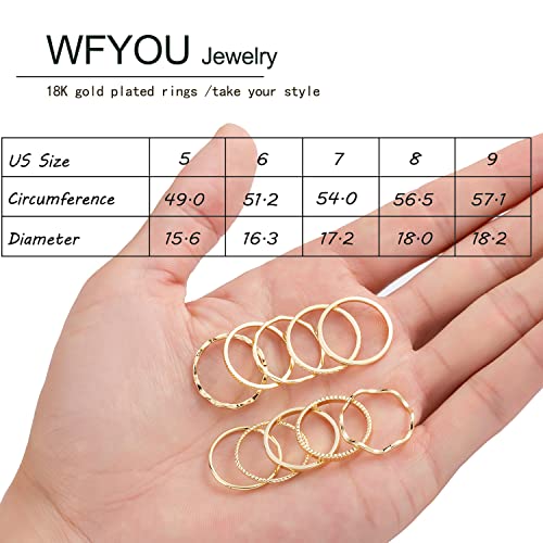 WFYOU 10 Pcs 1-2mm 18K Gold Plated Simple Rings for Women Band Knuckle Stacking Midi Rings Elegant Classic Minimalist Rings Comfort Fit 6