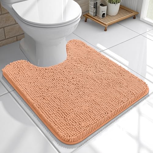 Image of OLANLY Toilet Rugs U-Shaped 20x20, Extra Soft Absorbent Chenille Contour Bathroom Rugs for Toilet, Dry Quickly, Machine Washable, Non-Slip Bath Mat, Peach