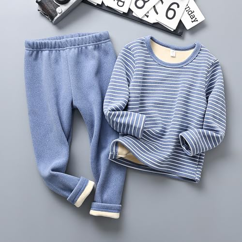 Kids Boys Girls Striped Thermal 𝐏ajamas Set Long Sleeve Fleece Winter Warm 𝗦leepwear Elastic Waist Pants Set2