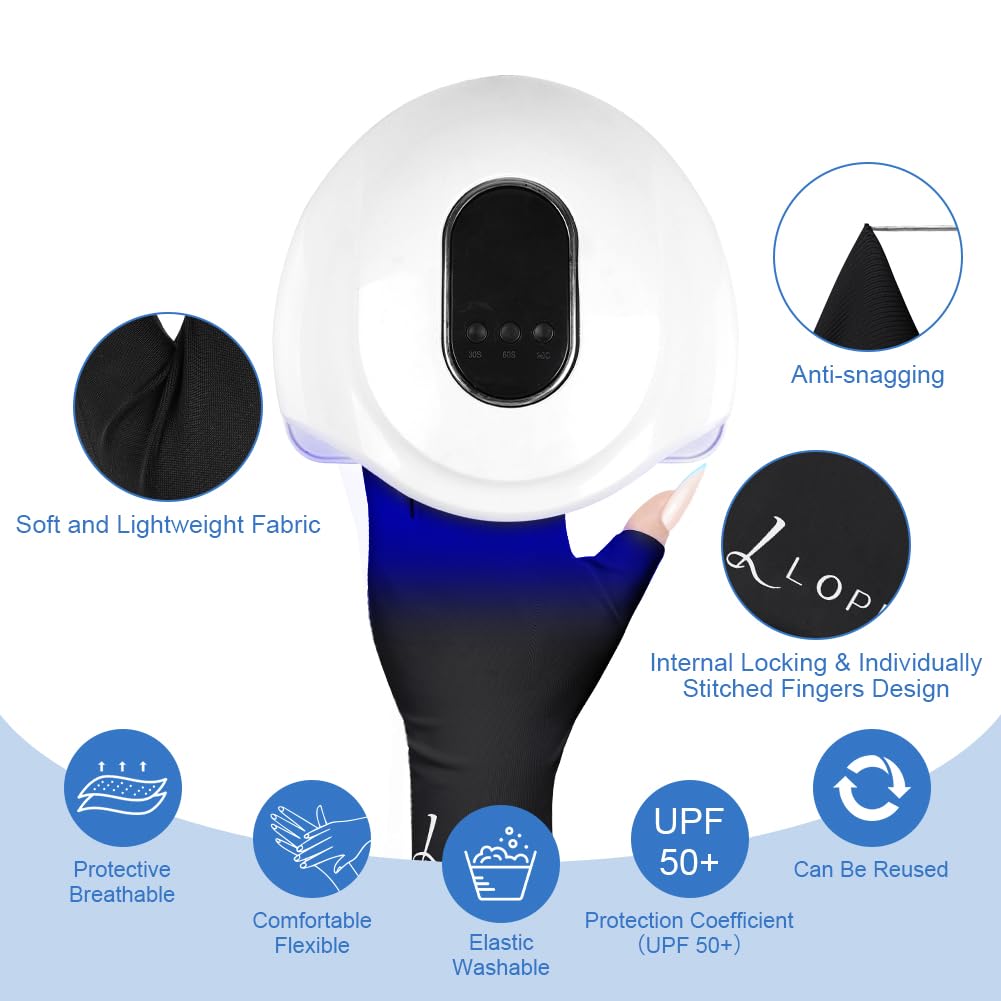 LOPHE Guanti UV per Unghie in Gel, 1 Paia UPF200+, Anti Raggi UV e UVB 999+, per Lampada per Unghie, Guanti Senza Dita per Manicure Nail Art Fai Da Te e Salone, Golf, Pesca(Nero)