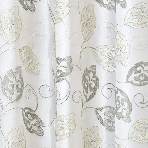 Image of Polyester and Blackout 2 in 1 Double Leaf Embroidery Design with Blackout Long Door Curtains, Set of 2 Pieces(9 Feet, White - Grey Leaf + White Blackout)