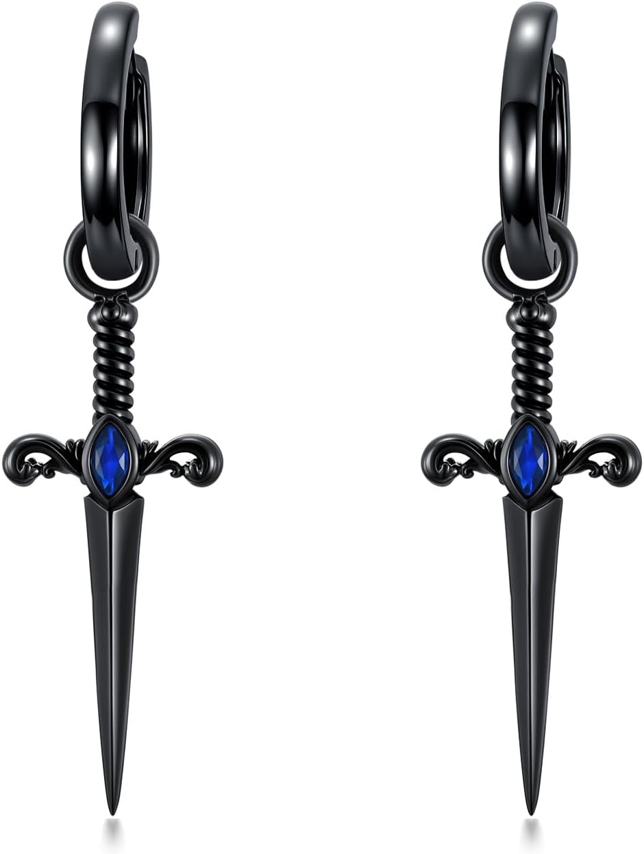 SIMONLY Black Sword/Cross Earrings 925 Sterling Silver Hoop Pendant Earrings Cross Jewelry Gift for Men Women Unisex