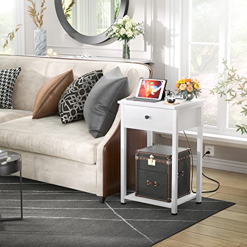 Ecoprsio Nightstand With Charging Station, White End Table Side Table With Usb Ports, Wood Night Stand, White Bedside Table With Drawer And Shelf For Bedroom, Living Room, Sofa Couch, Hall, White #TOP4