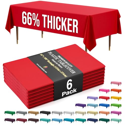 Exquisite Party Solids 66% Thicker Premium Plastic Table Cloth Rectangle Table Cover 0.5 Mil 6 Pack Red Table Cloth 54 Inch x 108 Inch Disposable Tablecloth Won't Tear Easily Like Cheap Thin Brands