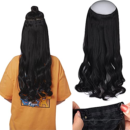 Hidden Wire Hair Extensions Wavy Curly Long Synthetic Hairpiece Invisible Wire Adjustable Headband for Women Heat Resistant Fiber 18Inch-1b#