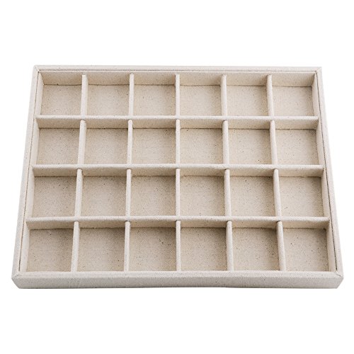 Oirlv Stackable Linen Jewelry Tray Adjustable 24 Grid Jewelry Storage Case for Drawer