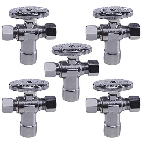 Image of Midline Valve 86324QS-OM-5 Water Supply Angle Stop Valve; Dual Outlet; Quarter Turn Wheel; for Toilet, Sink, Dishwasher; 1 /2'' SWT x 3 /8'' x 3 /8'' Compression; Chrome Plated Brass (5 PK)