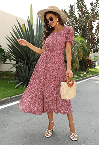 Image of NAVINS Womens Floral Print Modest Wedding Guest Midi Dress with Pockets | Puff sleeve tiered boho dress for summer, church, and vacations. Elastic waist, Below knee, hand or machine wash.