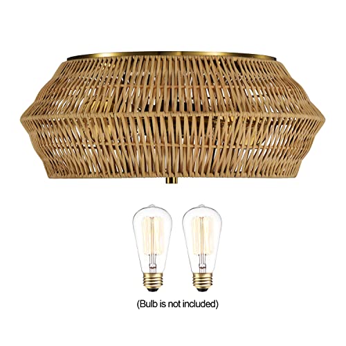 C Cattleya 2-Light Natural Rattan Flush Mount Ceiling Light Fixture 16 In. Boho Chandelier Farmhouse Brass Flush Mount Light For Dining Room Kitchen Hallway Foyer Living Room Bedroom #TOP5