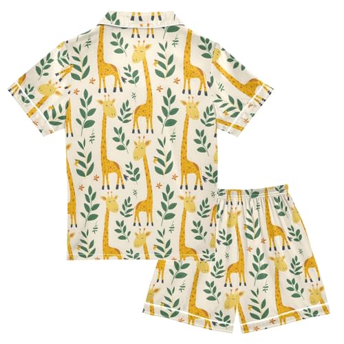 Giraffe with Leaves Prints Summer Satin Pajama Set, Cute Button-Down Sleepwear Pj Set for Sleep Wears2