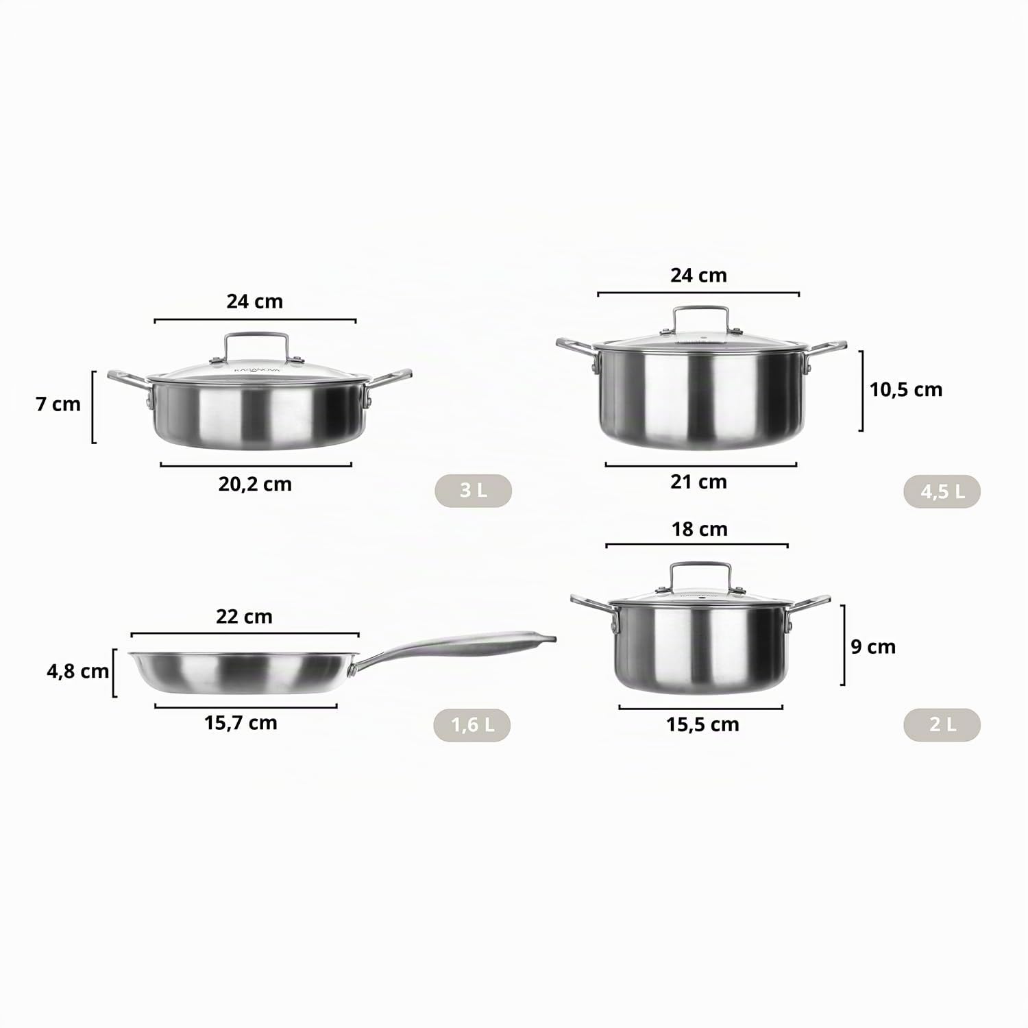 Batería de ollas Tri-ply, Set de ollas y sartenes de acero inoxidable de triple capa, Ollas antiadherentes para inducción y todos los tipos de cocina, aptas para horno hasta 220 °C. (7 piezas)