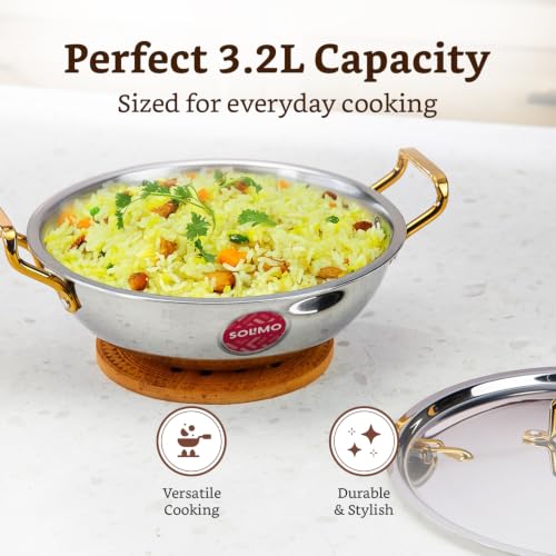 Image of Amazon Brand - Solimo Premium Triply Stainless Steel Kadhai 26cm (3.2L) | SS Lid | Even Heating | Gas & Induction Compatible | Dishwasher Safe | Food Safe SS 304 | Elegant Golden Handles | BIS Certified