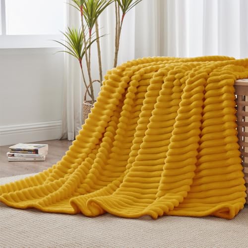 Image of BEDELITE Ribbed Twin Blanket for Couch & Bed, Mustard Yellow, 60 inchx80 inch