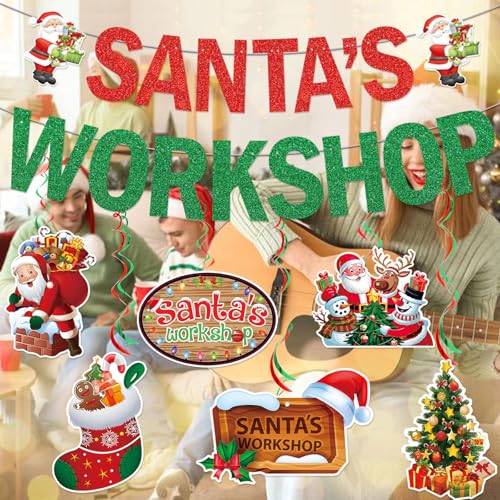Image of Santas Workshop Banner Santas Workshop Decorations Christmas Banner with Christmas Hanging Decorations for Happy Holidays Decorations Funny Xmas Decorations Merry Friendsmas Decorations