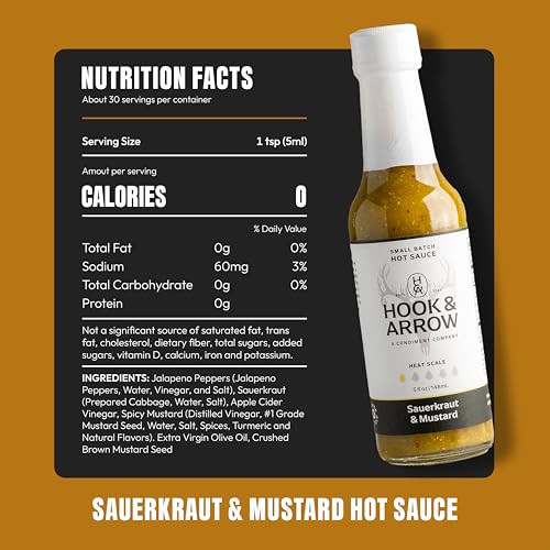 Image of Hook & Arrow Sauerkraut & Mustard Hot Sauce - Low Sugar Mild Spicy Sauce with Brown Mustard, Gluten-Free, Vegan, Paleo (5 fl oz, 30 Servings)