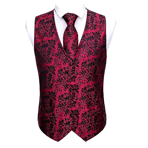 Black 5 Piece Designer Men Wedding Suit Vest Gold Floral Jacquard Floral Silk Vest Tie Brooch Vest Set Groom