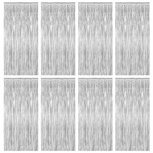 Image of 8 Pack Silver Backdrop, 3.28 FT x 7.05 FT Birthday Backdrop, Metallic Silver Tinsel Curtain Disco Party Streamer, Bachelorette Party Decorations Birthday Photo Booth Props