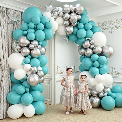Image of 412Pcs Teal Silver White Balloon Garland Arch Kit, 18 12 10 5 Inch Different Size White Metallic Silver Teal Balloons Balloons,for Birthday Party Graduation Baby Shower Wedding Holiday Decoration
