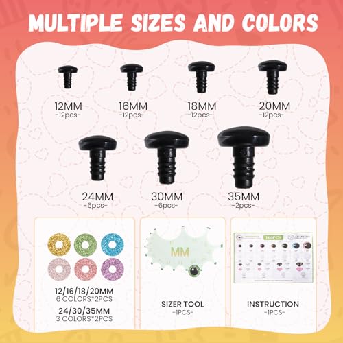 MUCUNNIA 160 pcs Safety Eyes for Crocheting 12-35mm 3D Moon Safety Eyes and Noses for Amigurumi with Washers Large Plastic Crochet Eyes Doll Craft Eyes for Plush Stuffed Animals Toy Making Supplies - Image 2