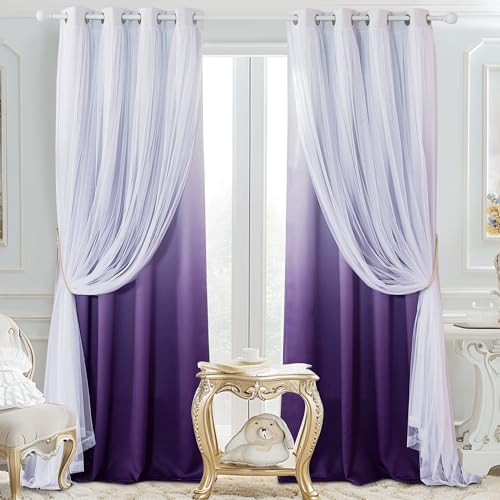 PONY DANCE Purple Curtains for Bedroom - Double-Layered White and Lilac Ombre Blackout for Living Room, Room Darking,52 x 84 Inch, 2 Pieces