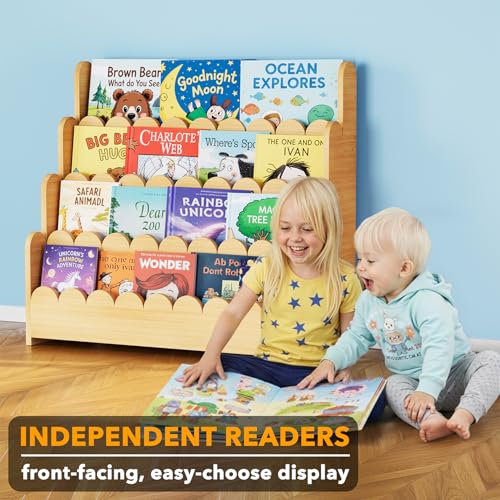 Image of SpaceAid 4-Tier Scalloped Bookshelf, Montessori Bookcase for Toddlers, Wooden Book Shelf Organizer Display Furniture for Kids Rooms, Playroom, Nursery and Classroom, 29.6 inch Wide, Natural