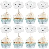 24 PCS White Cloud Cupcake Toppers Glitter Smile Clouds Cupcake Picks Cloud Cake Decorations for Clouds Theme Baby Shower Birthday Party Cake Decorations Supplies