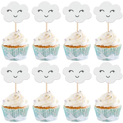 24 PCS White Cloud Cupcake Toppers Glitter Smile Clouds Cupcake Picks Cloud Cake Decorations for Clouds Theme Baby Shower Birthday Party Cake Decorations Supplies