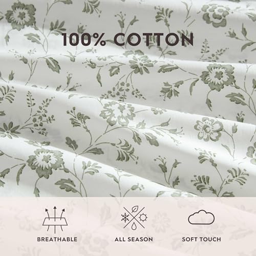Image of Laura Ashley - Full Size Sheet Set, Crisp & Lightweight Cotton Percale Bedding with Fitted Sheet and Pillowcases, Floral Room Decor, Deep Pocket, College Dorm Room Essentials (Miranda Green)
