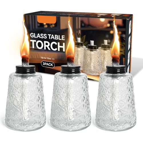 Paquete de 3 lámparas de aceite de cristal transparente, antorcha de mesa de citronela con 3 mechas para decoración de patio interior y exterior