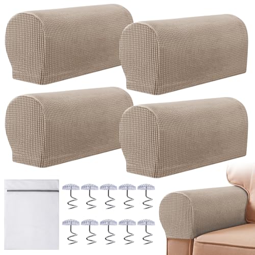 Armrest Chair Covers, Set of 4 Stretch Armchair Covers for Arms Anti-Slip Furniture Protector with Laundry Bag, Machine Washable Arm Chair Sleeves, Armrest Cover for Sofa Couch Recliner, Sand