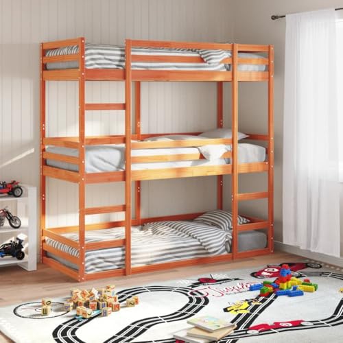 Teenpull Litera triple de madera de pino maciza, color marrón cera, 75 x 190 cm, ahorra espacio para habitaciones infantiles e invitados, con protección anticaídas y escalera, cama juvenil robusta