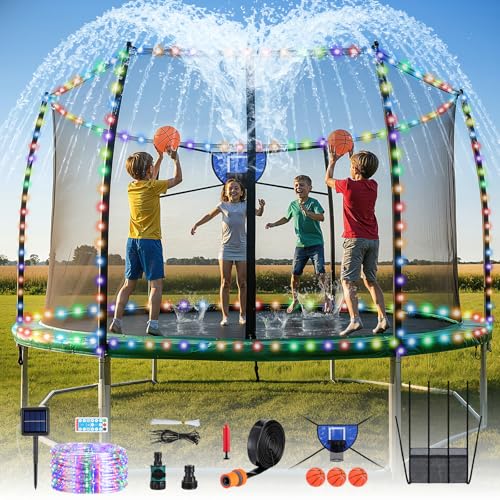 Trampoline Accessories Kit Basketball Hoop with 3 Mini Basketballs 52FT Solar Lights Fit 8 10 12 14 15 16FT Trampoline Outdoor 8 Lighting Modes Trampoline Accessories Kit with Sprinkler & Shoe Bag