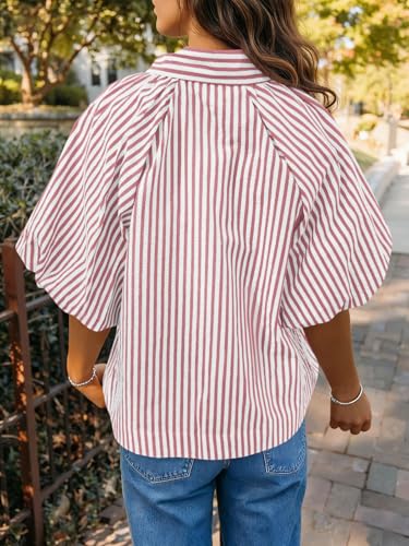 Image of Tankaneo Womens Short Puff Sleeve Button Down Shirts Striped Trendy Casual Loose Fit Blouse V Neck Collared Tops