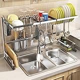 Over The Sink Dish Drying Rack, Full Stainless Steel 2-Tier Kitchen Counter Dish Drainer Rack Adjustable (33.8 to 41.5 inch), Expandable Dish Drying Rack with Kitchen Accessories, Silver