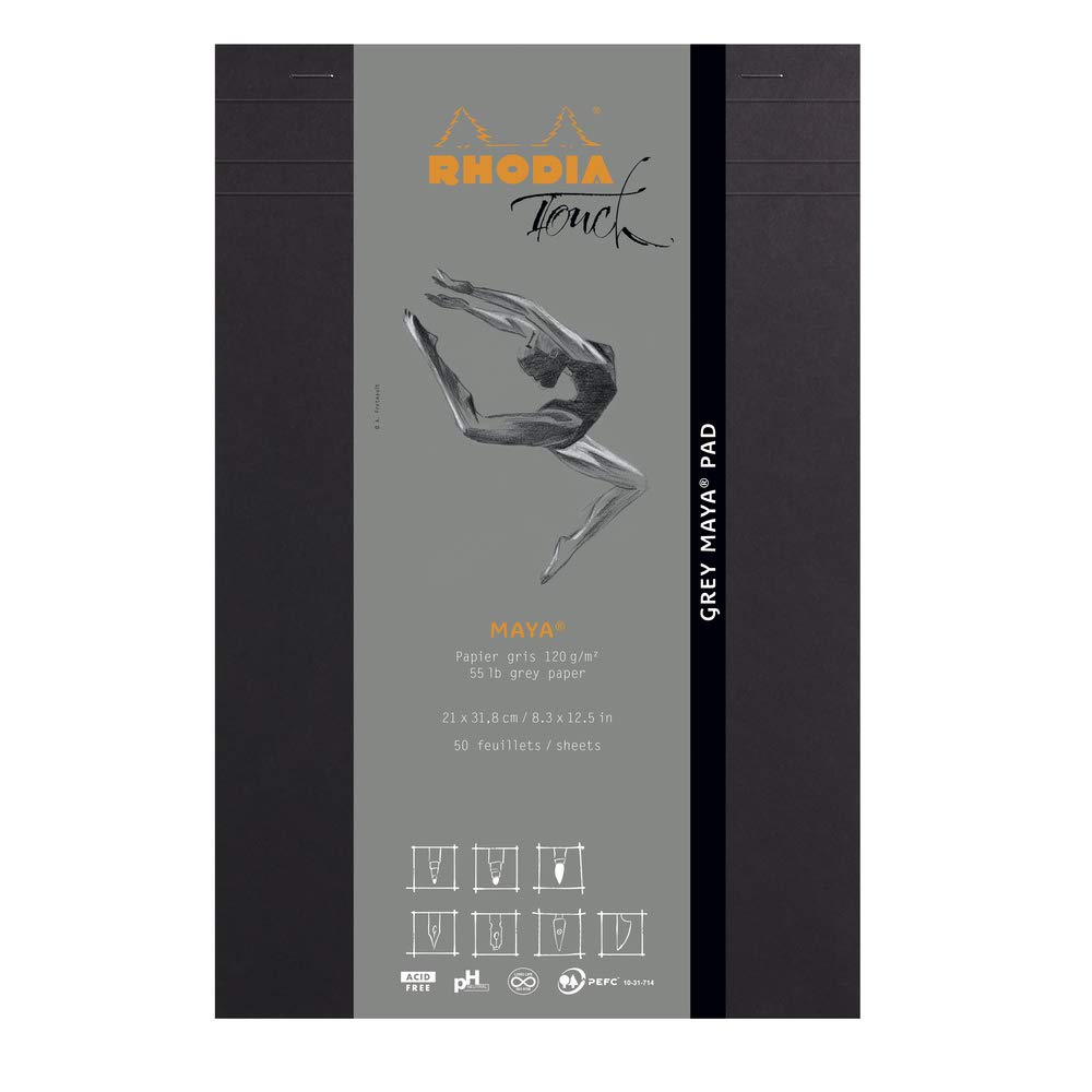 RHODIA Touch 116108C - Block Gray Maya Pad A4+ - 50 Sheets - Clairefontaine Maya Plain Gray Paper 120 g/m - for Calligraphy and Precise Drawing with Pencil, Liner, Pen