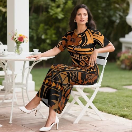 Image of Puletasi Samoan Traditional 2 Piece Outfits for Women Short Sleeve Crop Top and Maxi Skirt Sets Puletasi Dress