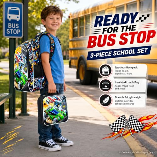 Image of WZLVO 3PCS Race Car Preschool Backpack, 16 inch Cool UV Printing Boys Bookbag /School Bag with Lunch Box & Pencil Bag for Elementary - 2 * Race Car